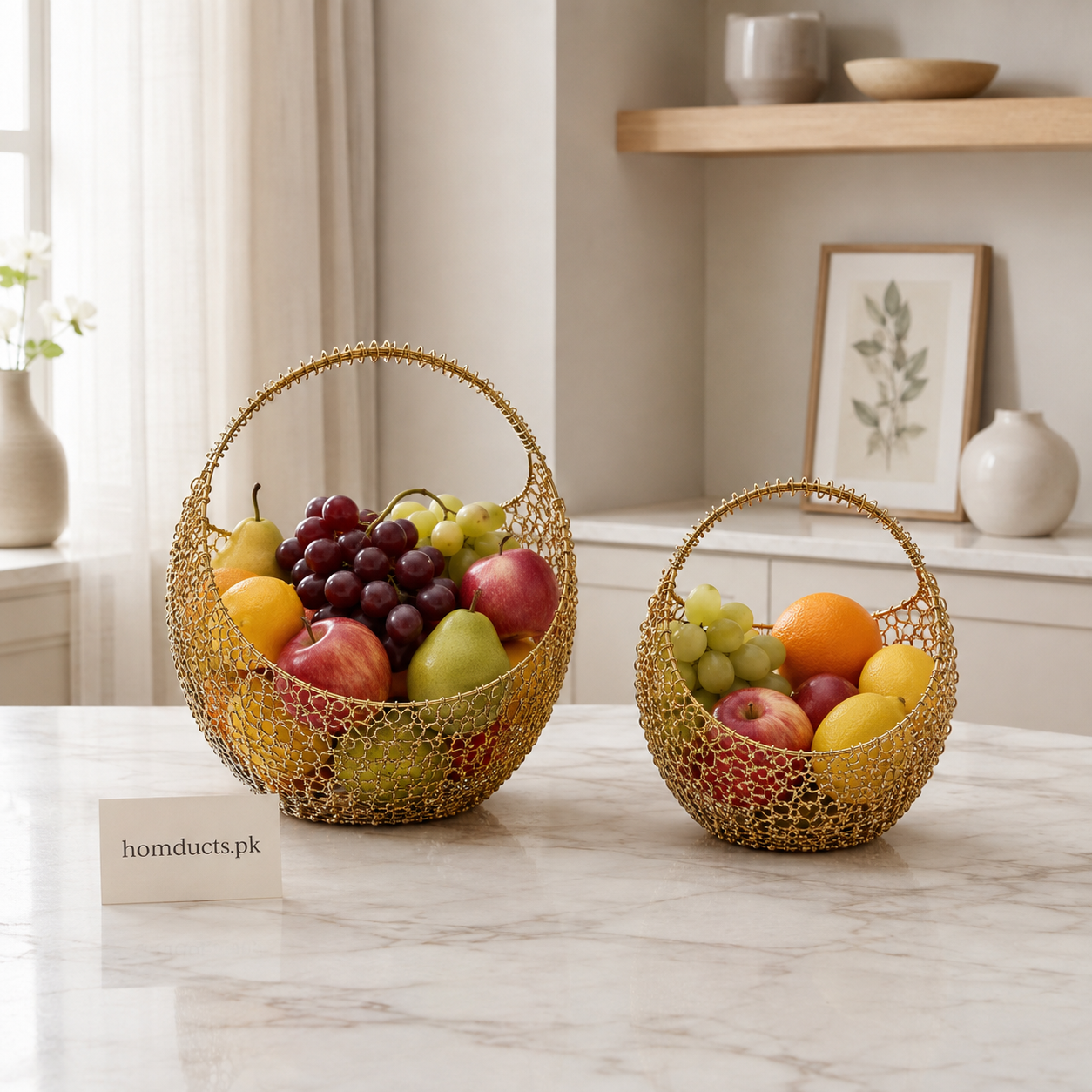 Golden Handled Metal Fruit Basket Set - 2 Piece