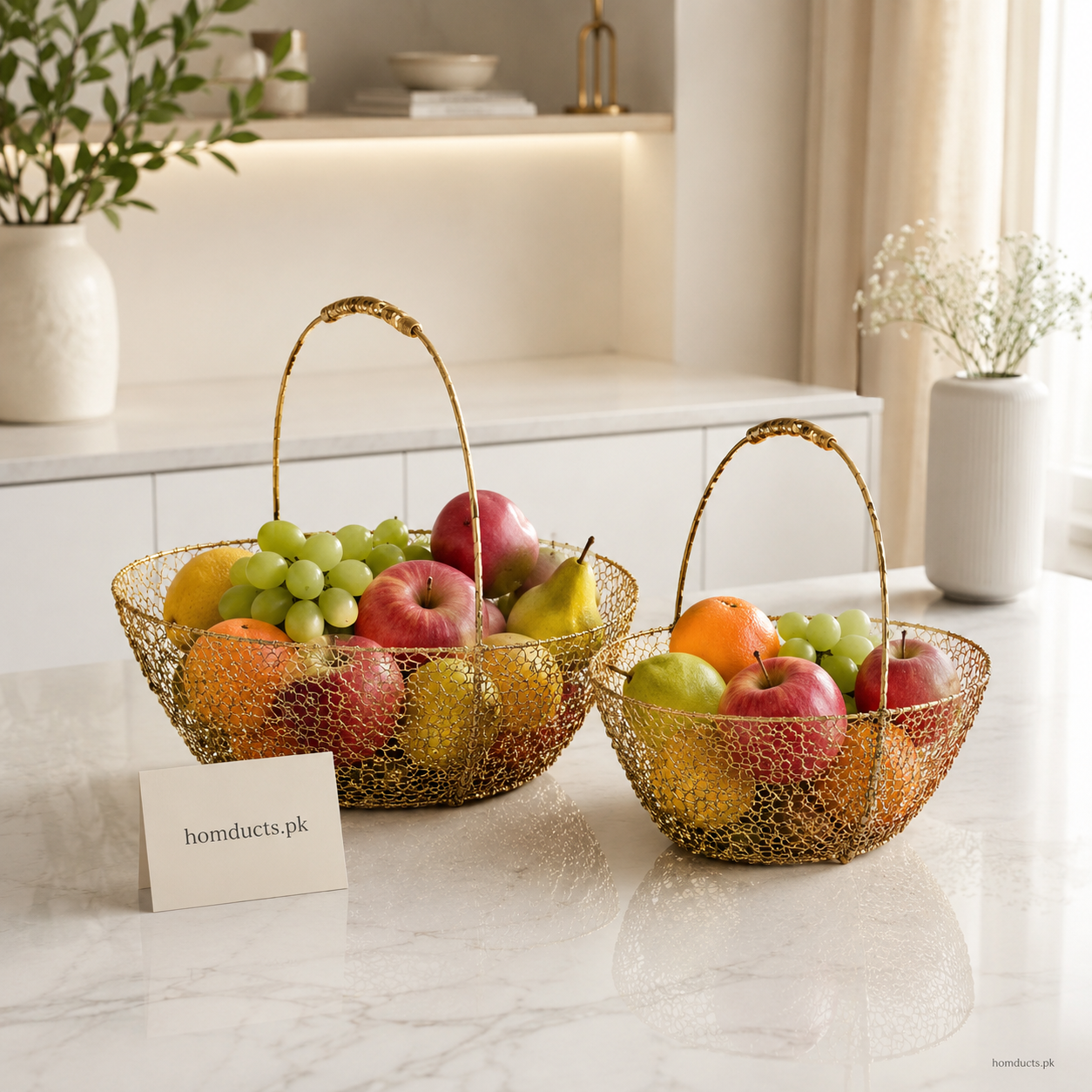 Golden Oval Handled Metal Fruit Basket Set - 2 Piece