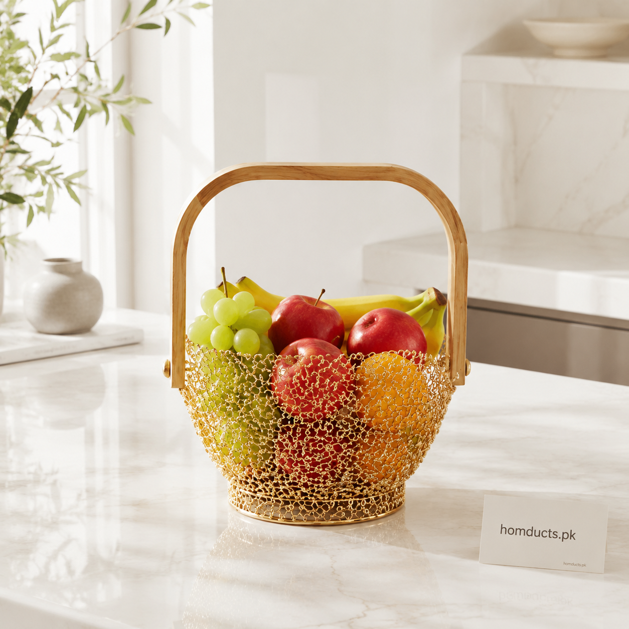 Golden Metal Fruit Basket with Wooden Handle - 1 Piece