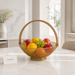Golden Oval Metal Fruit Basket with Wooden Handle - 1 Piece