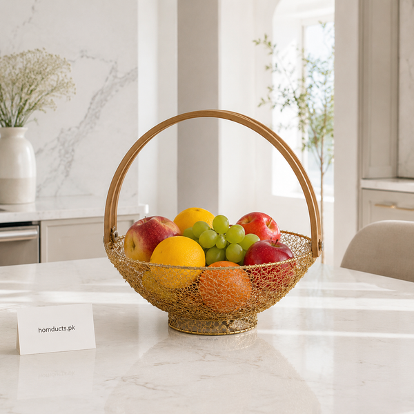 Golden Oval Metal Fruit Basket with Wooden Handle - 1 Piece