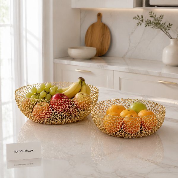 Golden Low Metal Fruit Basket Set - 2 Piece
