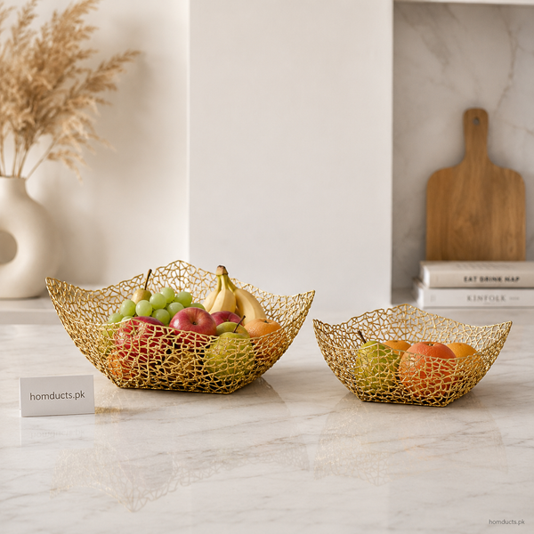 Golden Angular Metal Fruit Basket Set - 2 Piece
