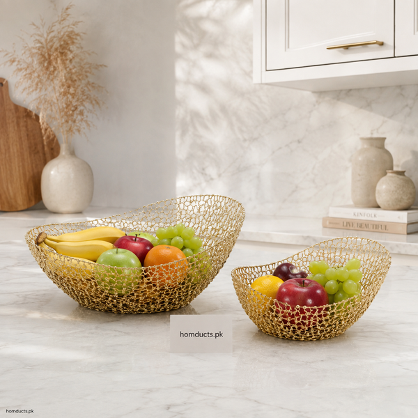 Golden Wave-Rim Metal Fruit Basket Set - 2 Piece