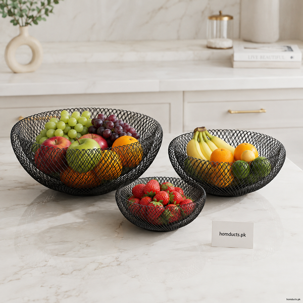 Black Round Metal Fruit Basket Set - 3 Piece