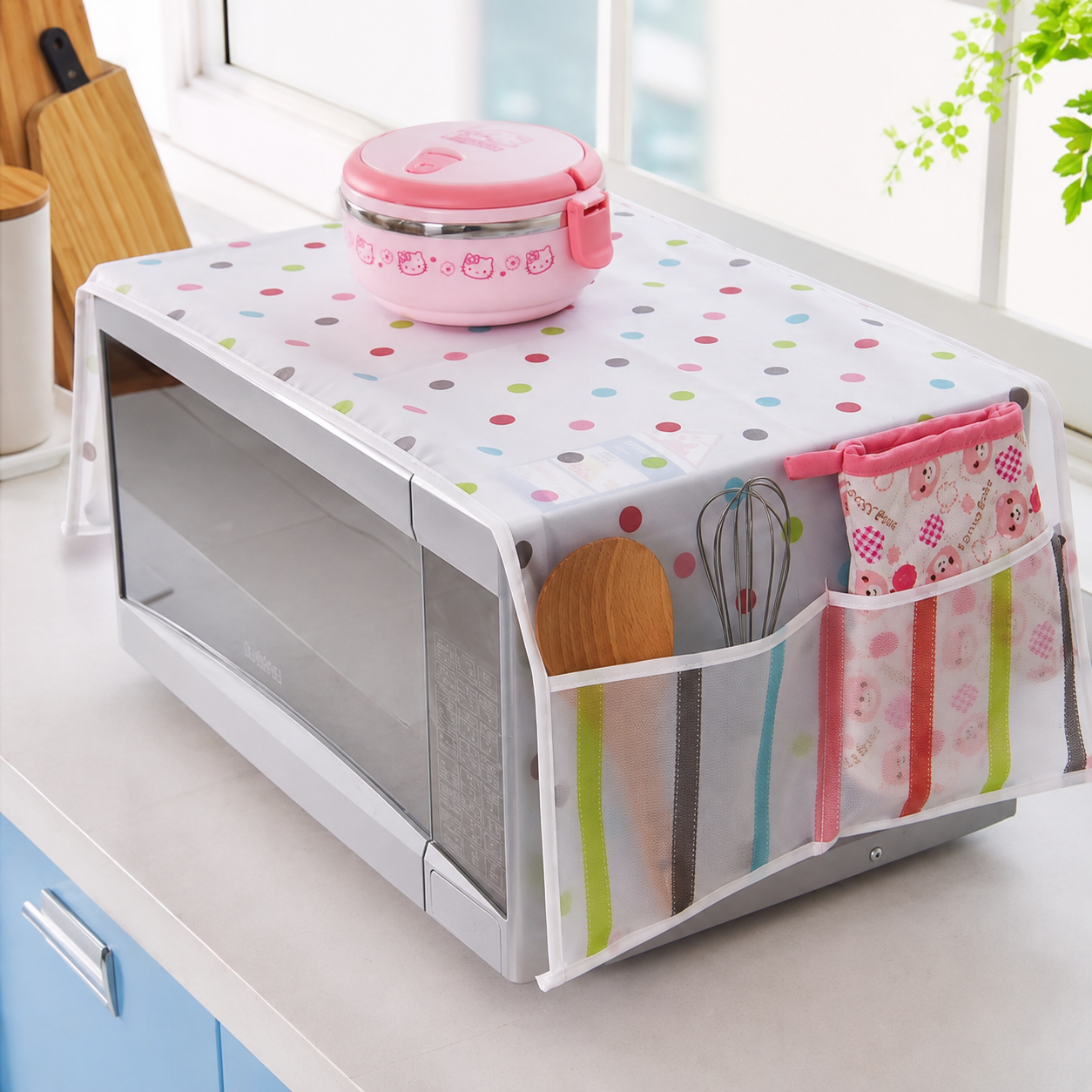 Microwave dust cover with side storage pockets