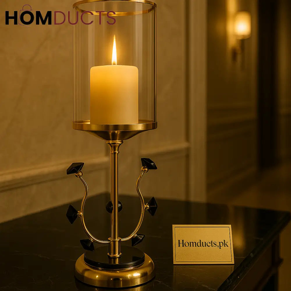 Midnight Noir Luxe Candle Stand – Gold & Black Gem Pillar Holder with Glass Cover