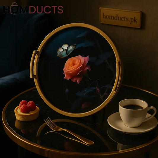 Midnight Rose Butterfly Tray – Round Luxe Serving Tray with Gold Rim