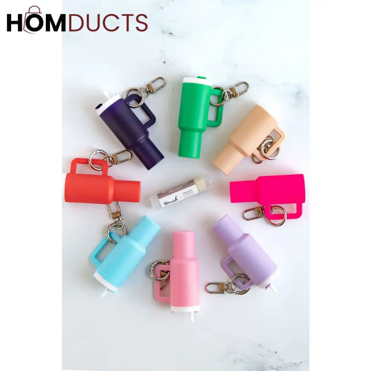 Mini Tumbler Lip Balm Holder Keychain – Cute Refillable Lip Gloss Container with Straw Lid Design