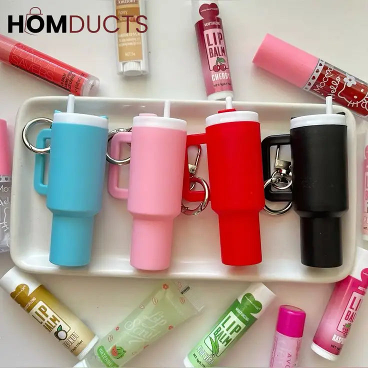 Mini Tumbler Lip Balm Holder Keychain – Cute Refillable Lip Gloss Container with Straw Lid Design