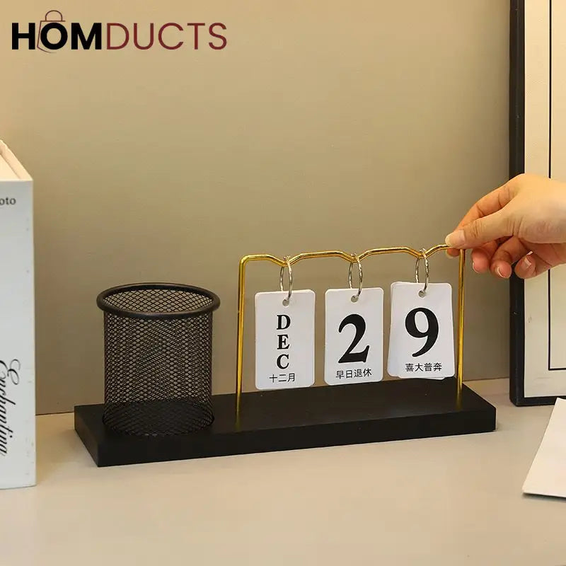 Minimalist Desk Calendar with Pencil Holder – Modern Office Organizer with Date Flip Cards