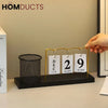 Minimalist Desk Calendar with Pencil Holder – Modern Office Organizer with Date Flip Cards