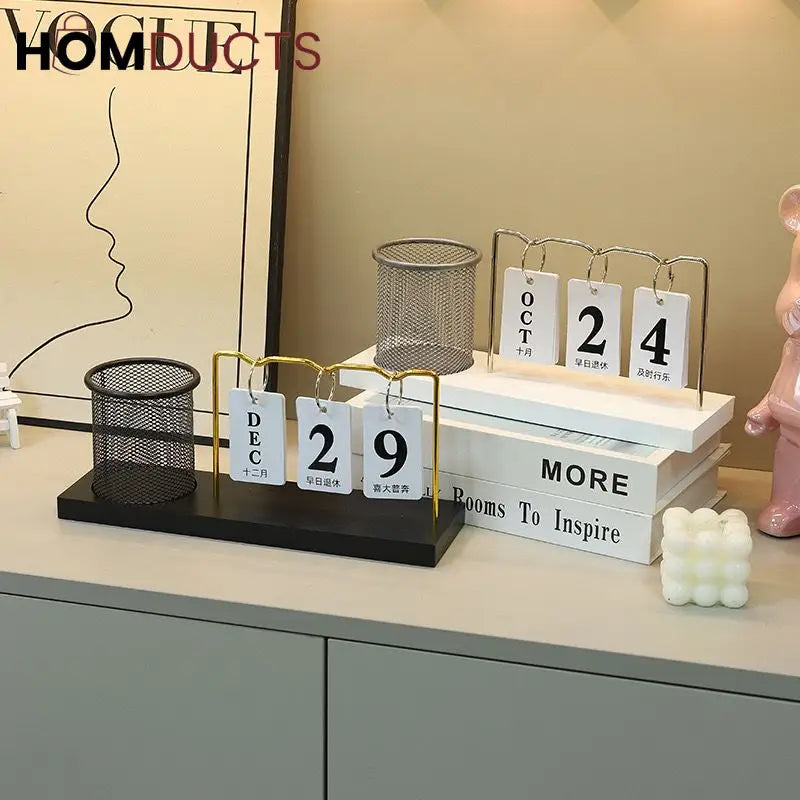 Minimalist Desk Calendar with Pencil Holder – Modern Office Organizer with Date Flip Cards