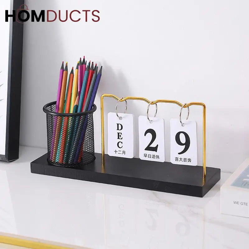 Minimalist Desk Calendar with Pencil Holder – Modern Office Organizer with Date Flip Cards