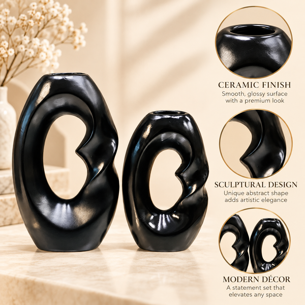 Black Abstract Loop Ceramic Vase Set – 2 Piece features image
