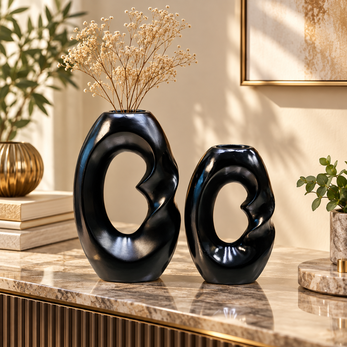 Black Abstract Loop Ceramic Vase Set – 2 Piece lifestyle image