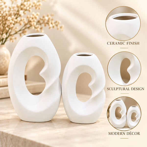 White Abstract Loop Ceramic Vase Set – 2 Piece features image