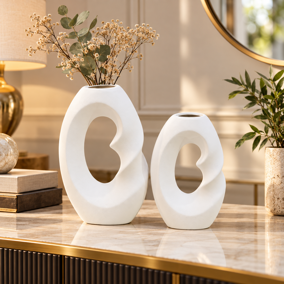 White Abstract Loop Ceramic Vase Set – 2 Piece lifestyle image