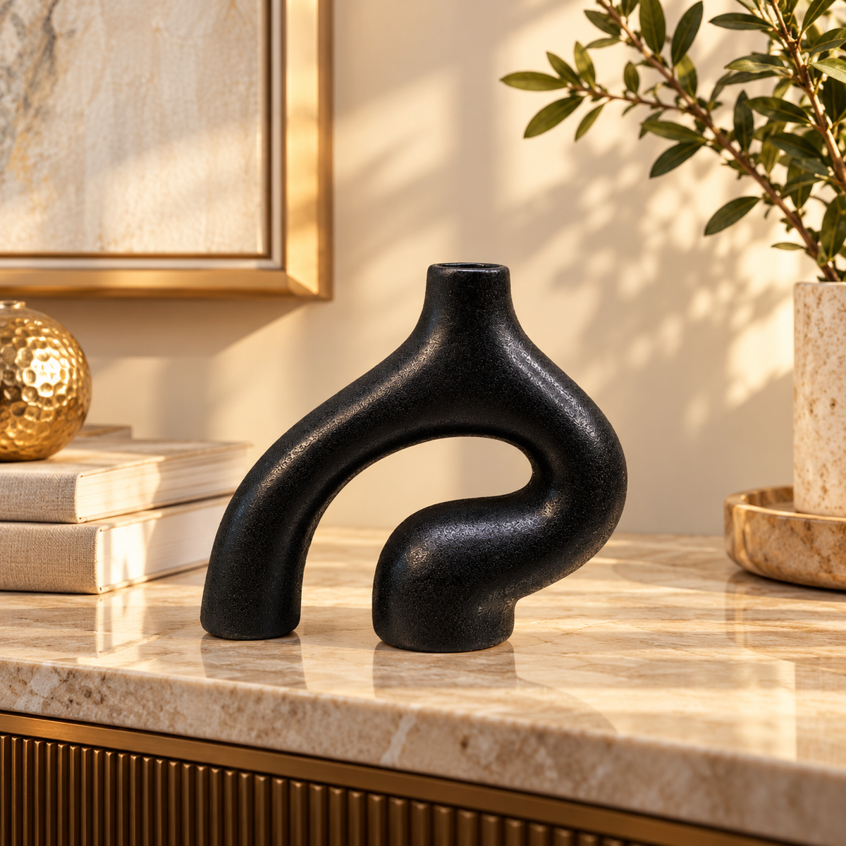 Black Abstract Arch Sculptural Ceramic Vase – 7 Inch styled in a modern interior