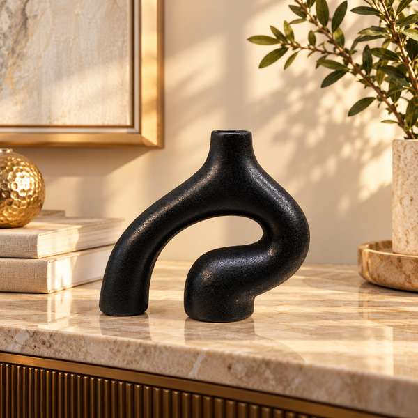 Black Abstract Arch Sculptural Ceramic Vase – 7 Inch styled in a modern interior