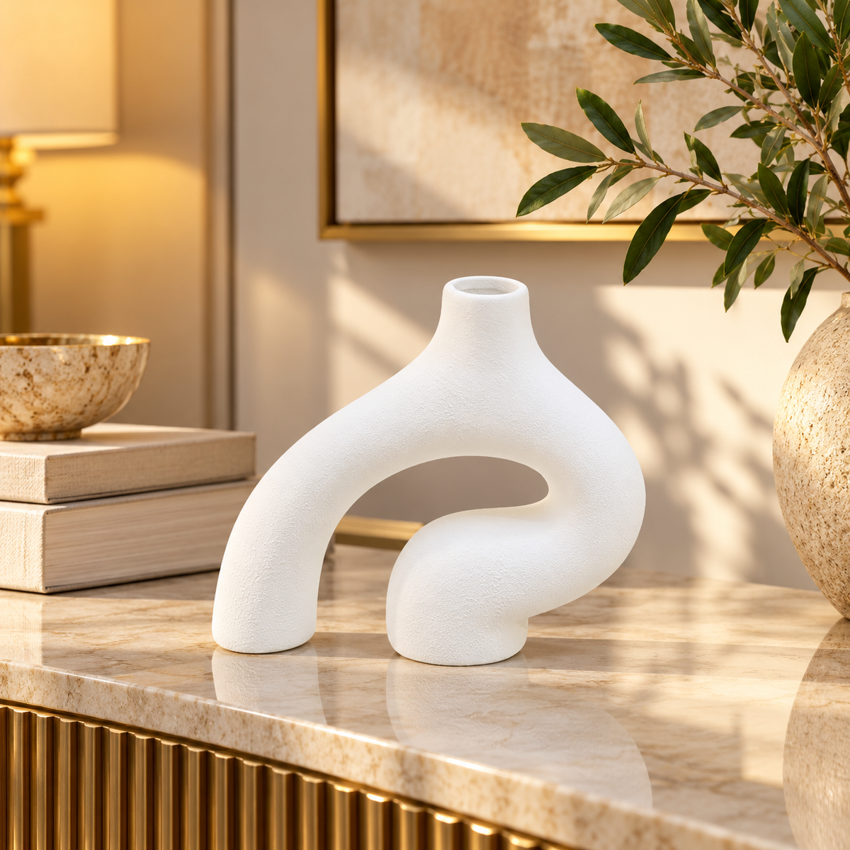 White Abstract Arch Sculptural Ceramic Vase – 7 Inch styled in a modern interior