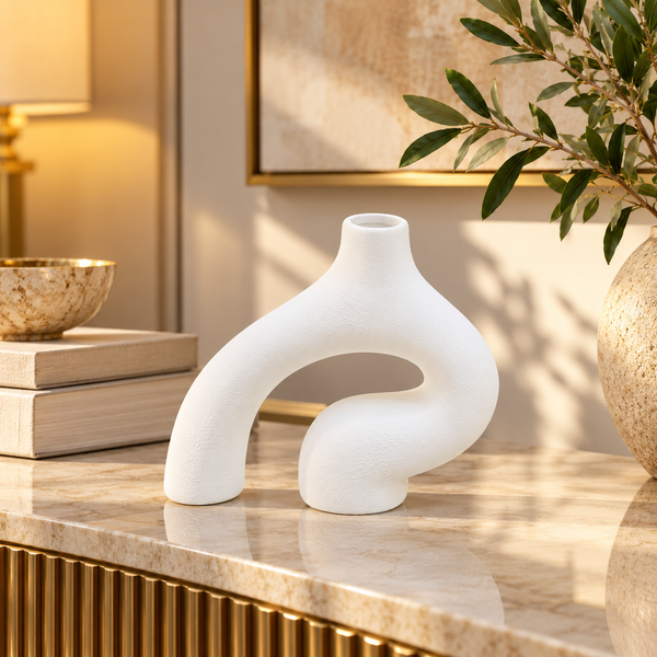 White Abstract Arch Sculptural Ceramic Vase – 7 Inch styled in a modern interior