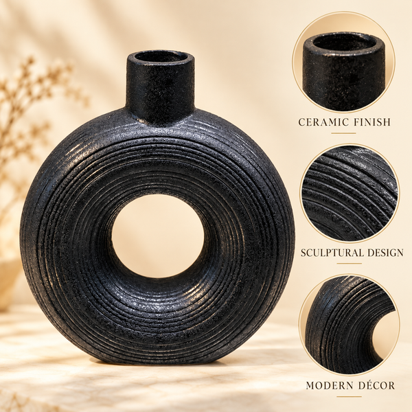 Black Concentric-Ring Ceramic Vase – 9 Inch product features