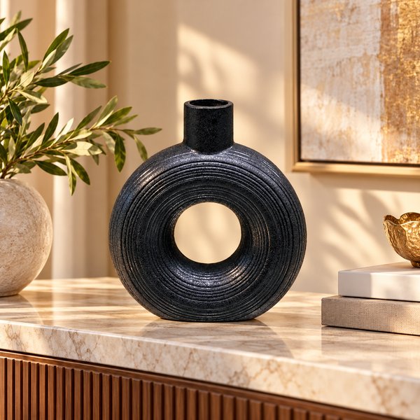 Black Concentric-Ring Ceramic Vase – 9 Inch styled in a modern interior