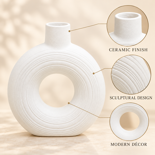 White Concentric-Ring Ceramic Vase – 9 Inch product features
