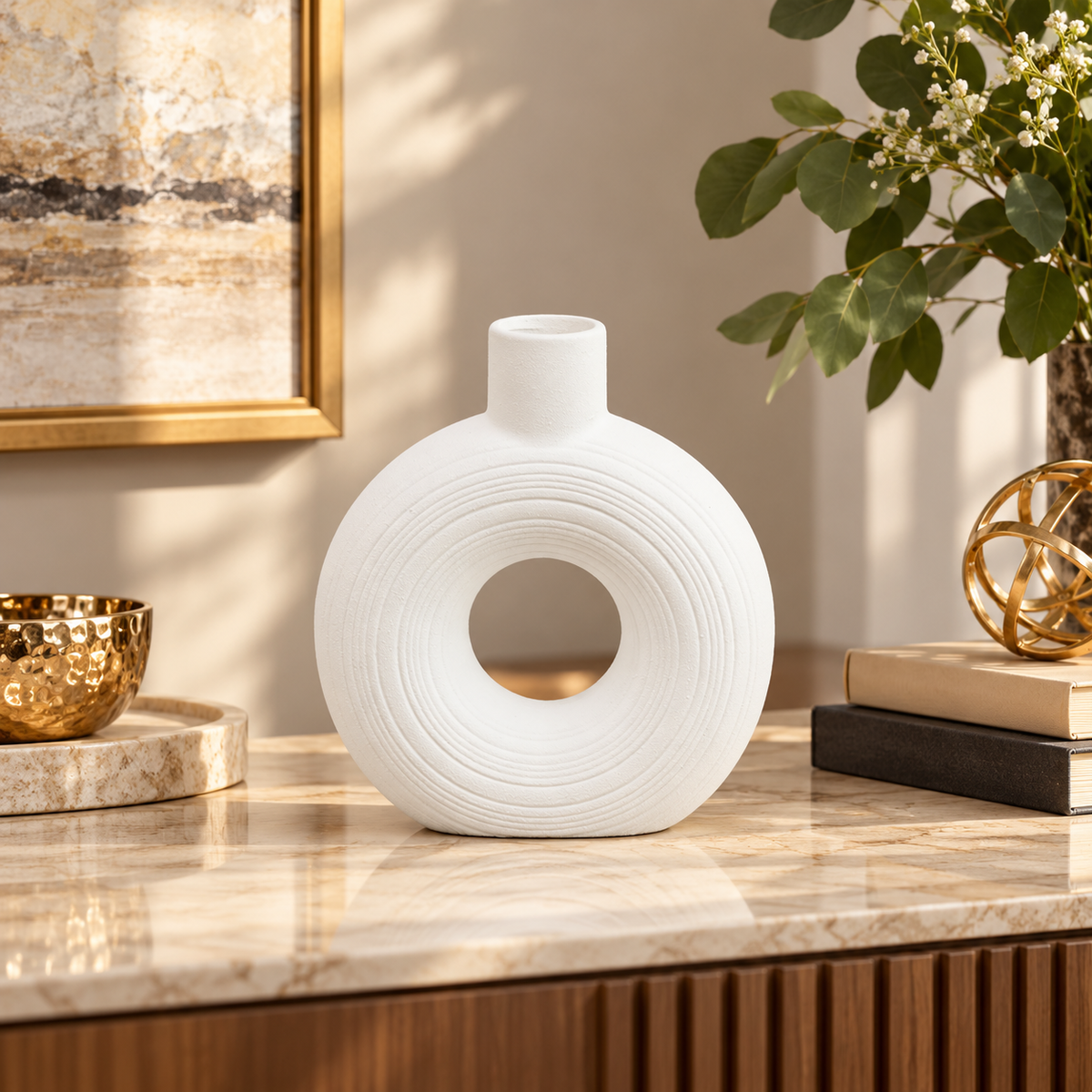 White Concentric-Ring Ceramic Vase – 9 Inch styled in a modern interior