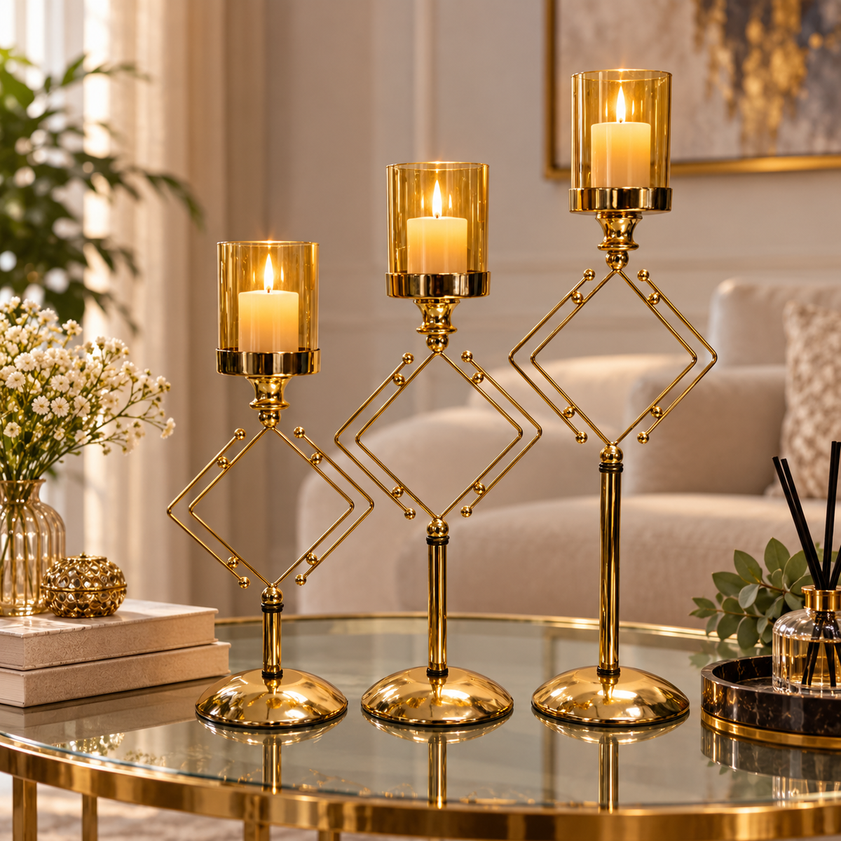 Geometric Gold Metal & Amber Glass Candle Holder Set of 3 styled in a premium home setting
