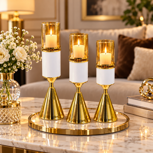 Modern White & Gold Glass Candle Holder Set of 3 styled in a premium home setting