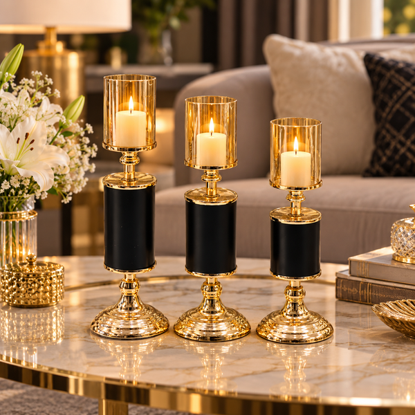 Luxury Black & Gold Glass Candle Holder Set of 3 styled in a premium home setting