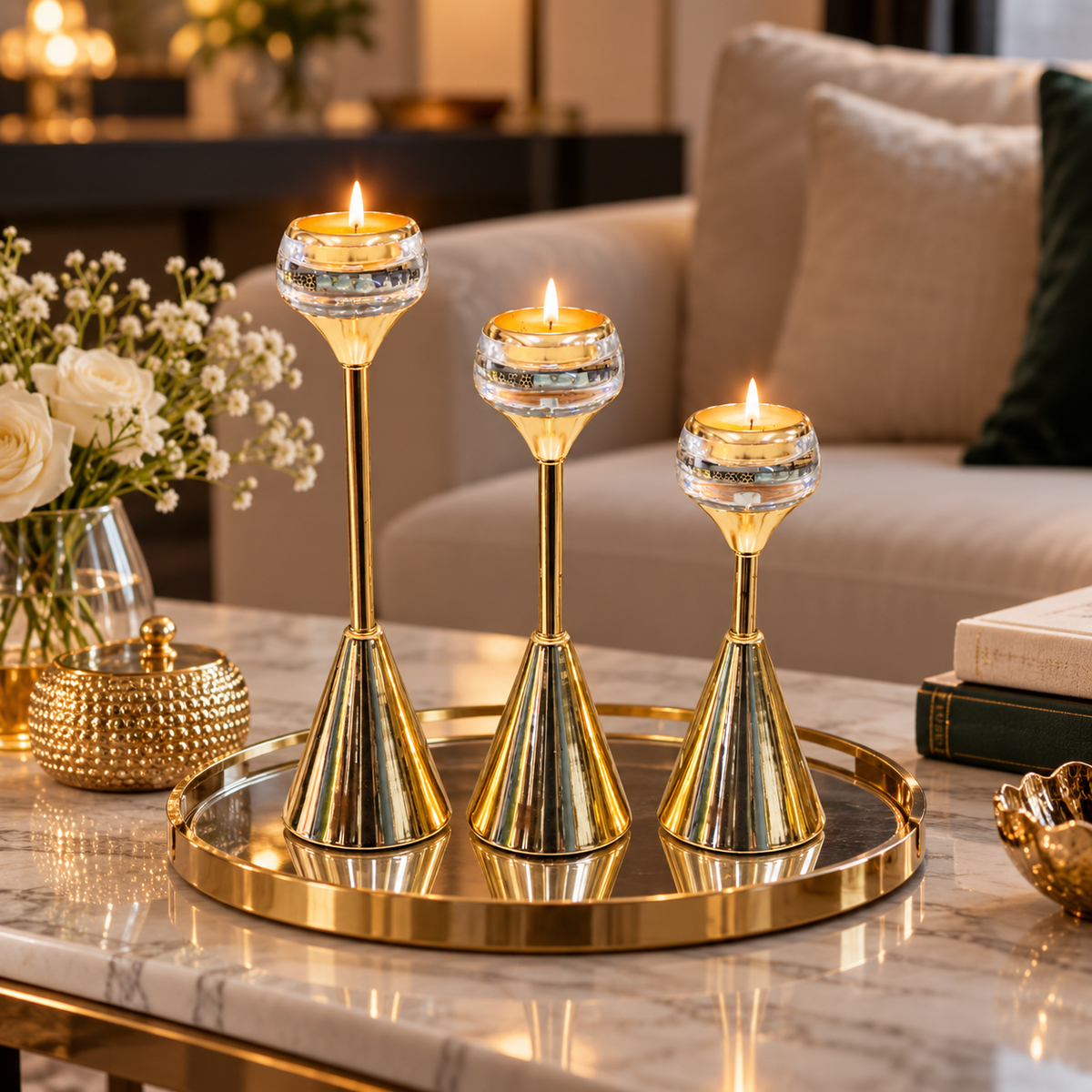 Crystal Bowl Gold Metal Candle Holder Set of 3 styled in a premium home setting