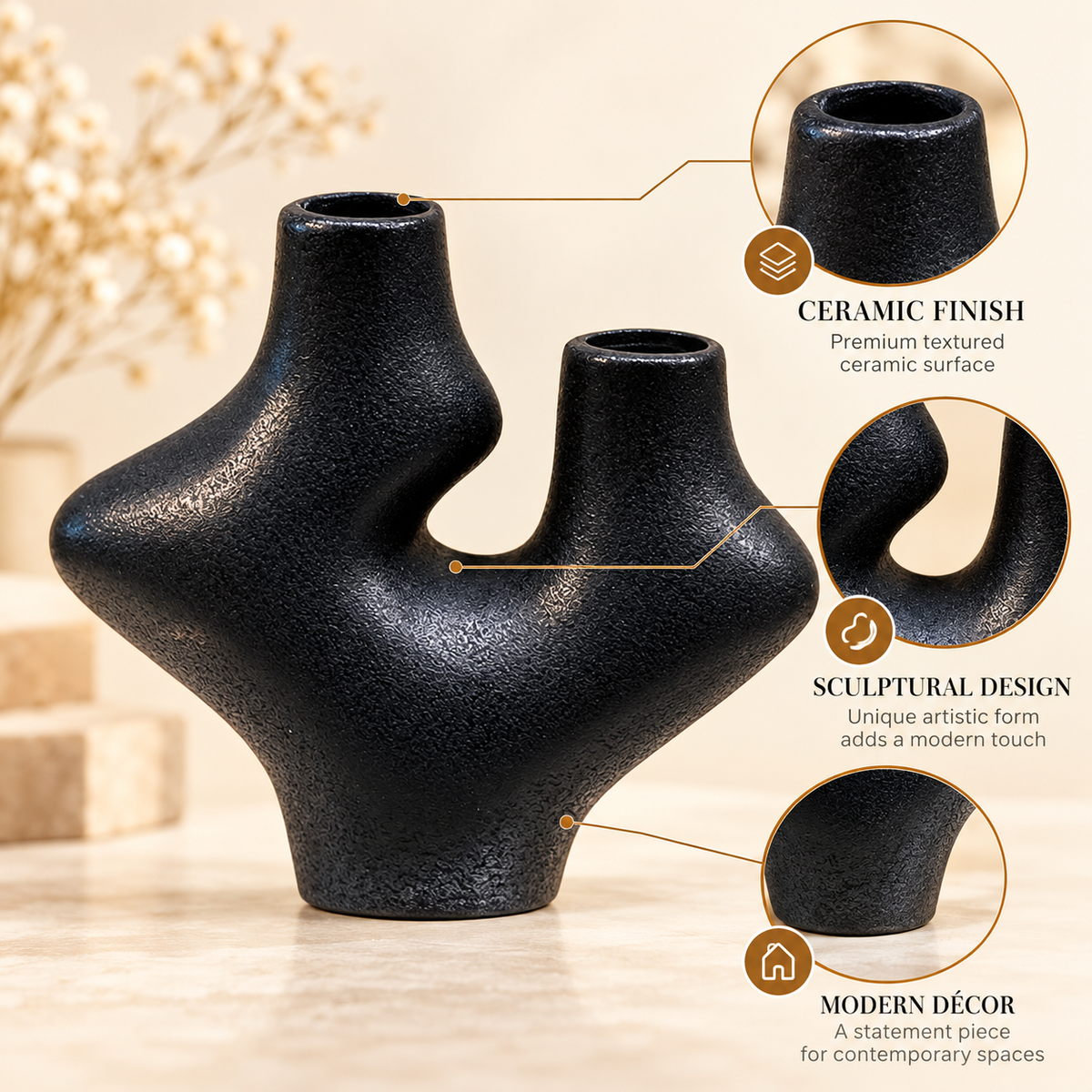 Black Double-Neck Abstract Ceramic Vase – 7 Inch features image