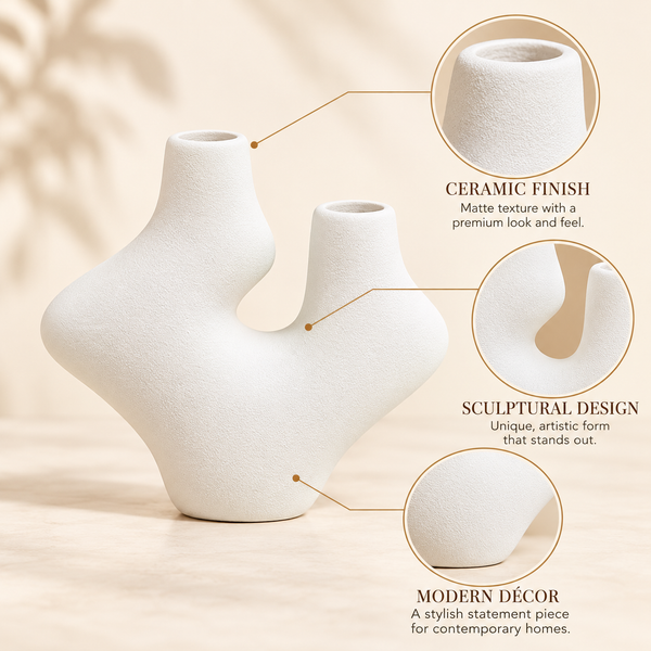 White Double-Neck Abstract Ceramic Vase – 7 Inch features image
