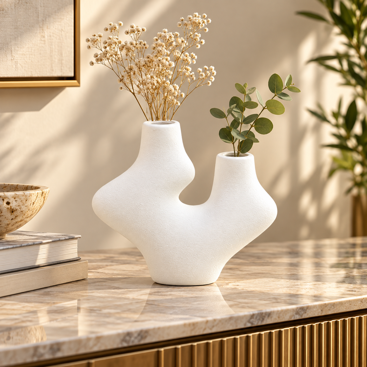 White Double-Neck Abstract Ceramic Vase – 7 Inch lifestyle image