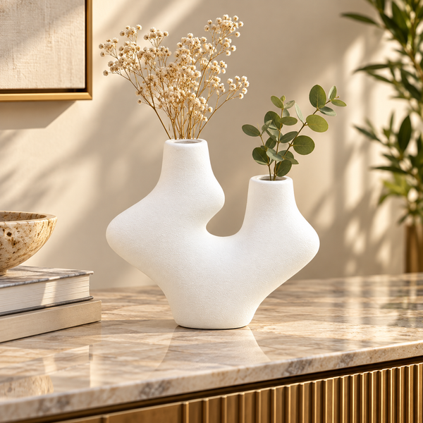 White Double-Neck Abstract Ceramic Vase – 7 Inch lifestyle image