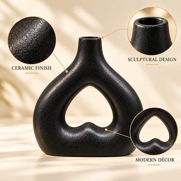 Black Heart-Cutout Sculptural Ceramic Vase – 9 Inch product features