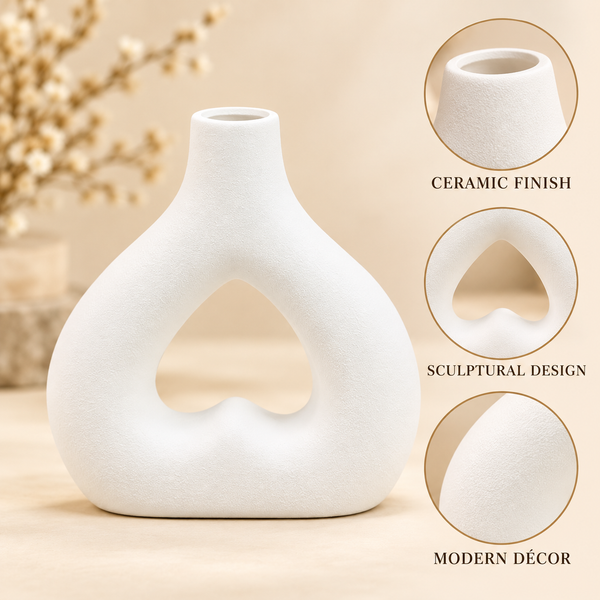 White Heart-Cutout Sculptural Ceramic Vase – 9 Inch product features