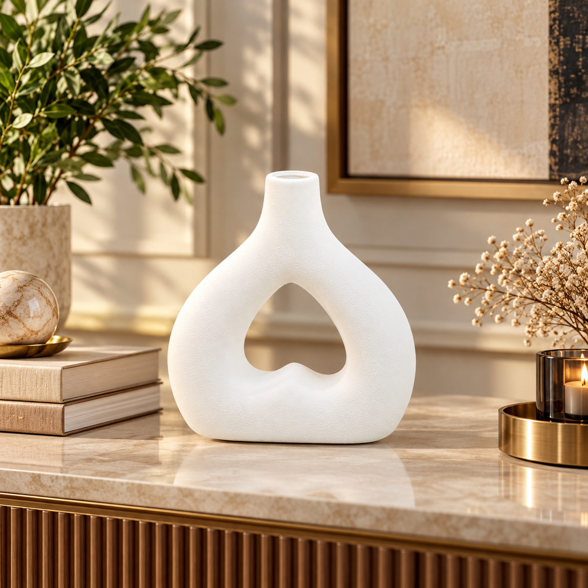White Heart-Cutout Sculptural Ceramic Vase – 9 Inch styled in a modern interior