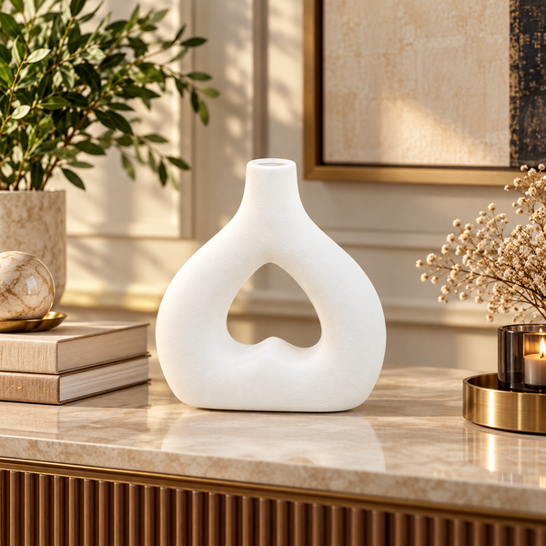 White Heart-Cutout Sculptural Ceramic Vase – 9 Inch styled in a modern interior