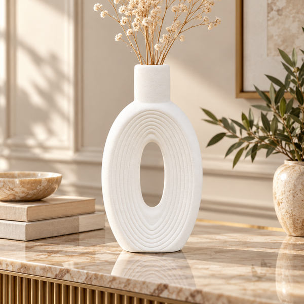 White Ribbed Oval Open-Centre Ceramic Vase – 10 Inch lifestyle image