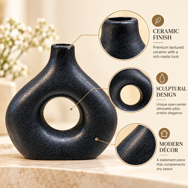 Black Open-Centre Round Ceramic Vase – 7 Inch features image