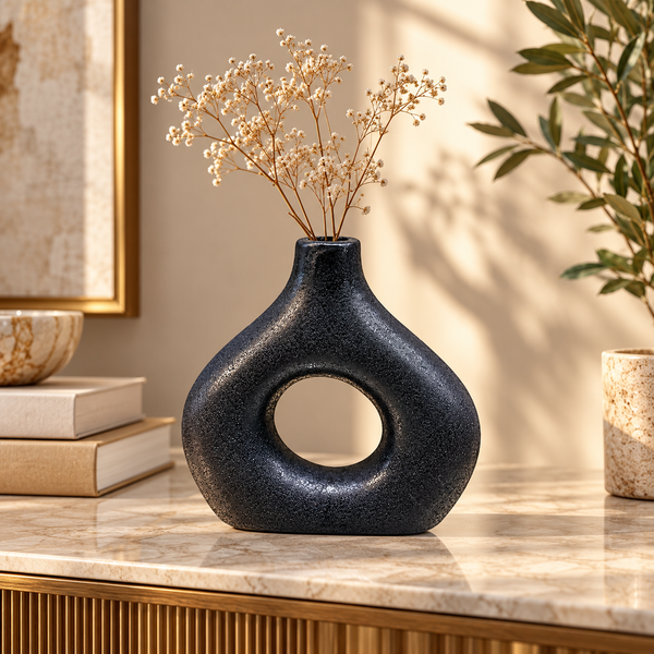 Black Open-Centre Round Ceramic Vase – 7 Inch lifestyle image
