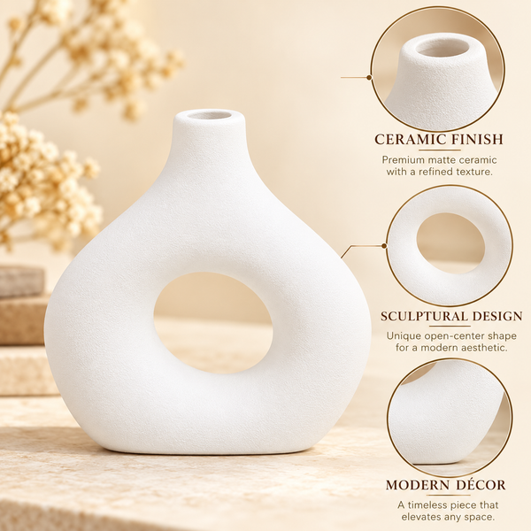 White Open-Centre Round Ceramic Vase – 7 Inch features image