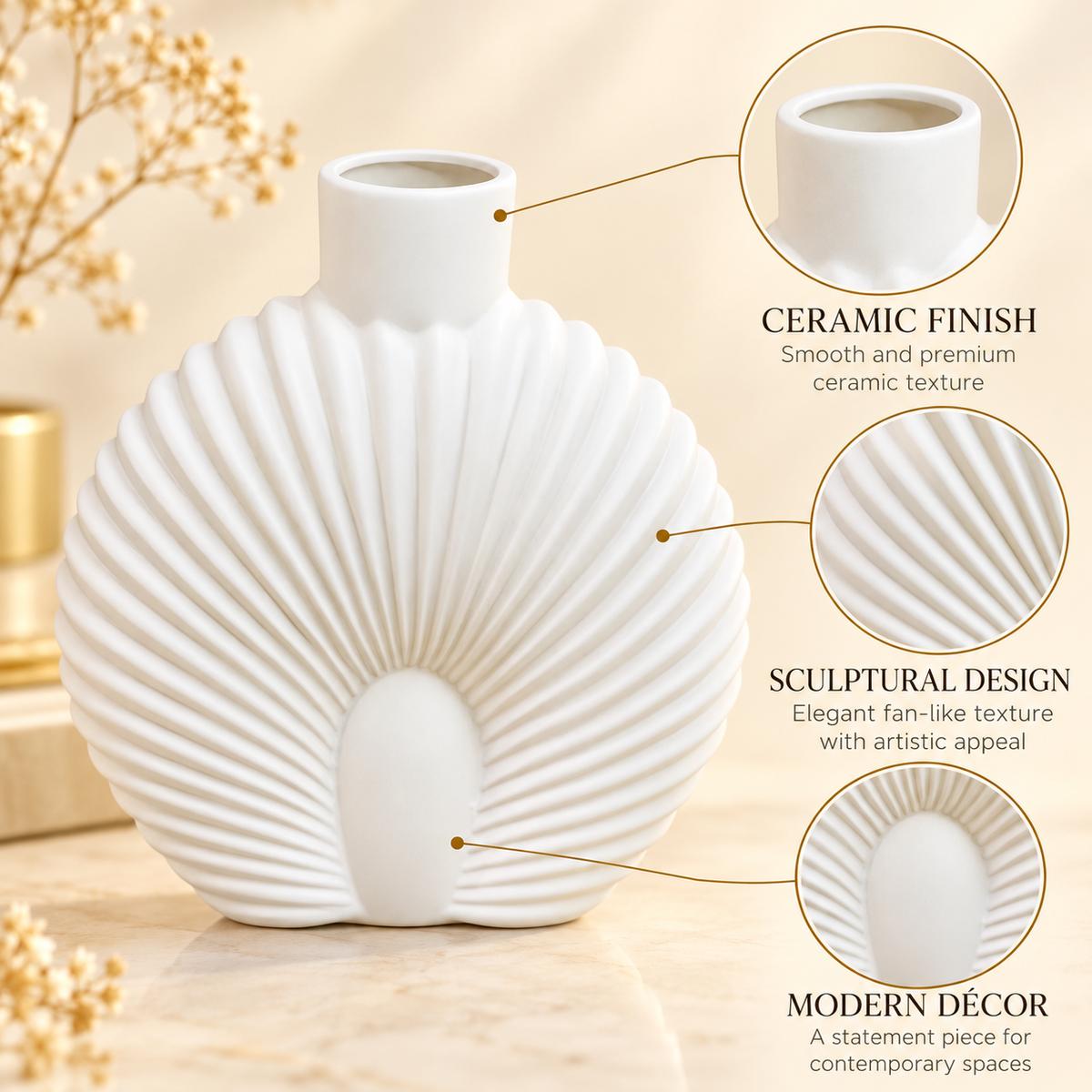 Modern White Ribbed Shell Ceramic Vase – 9 Inch features image
