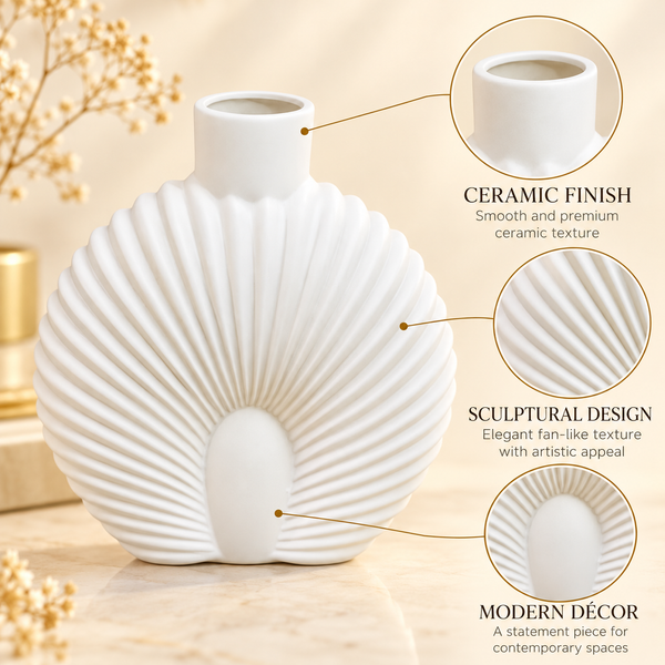 Modern White Ribbed Shell Ceramic Vase – 9 Inch features image