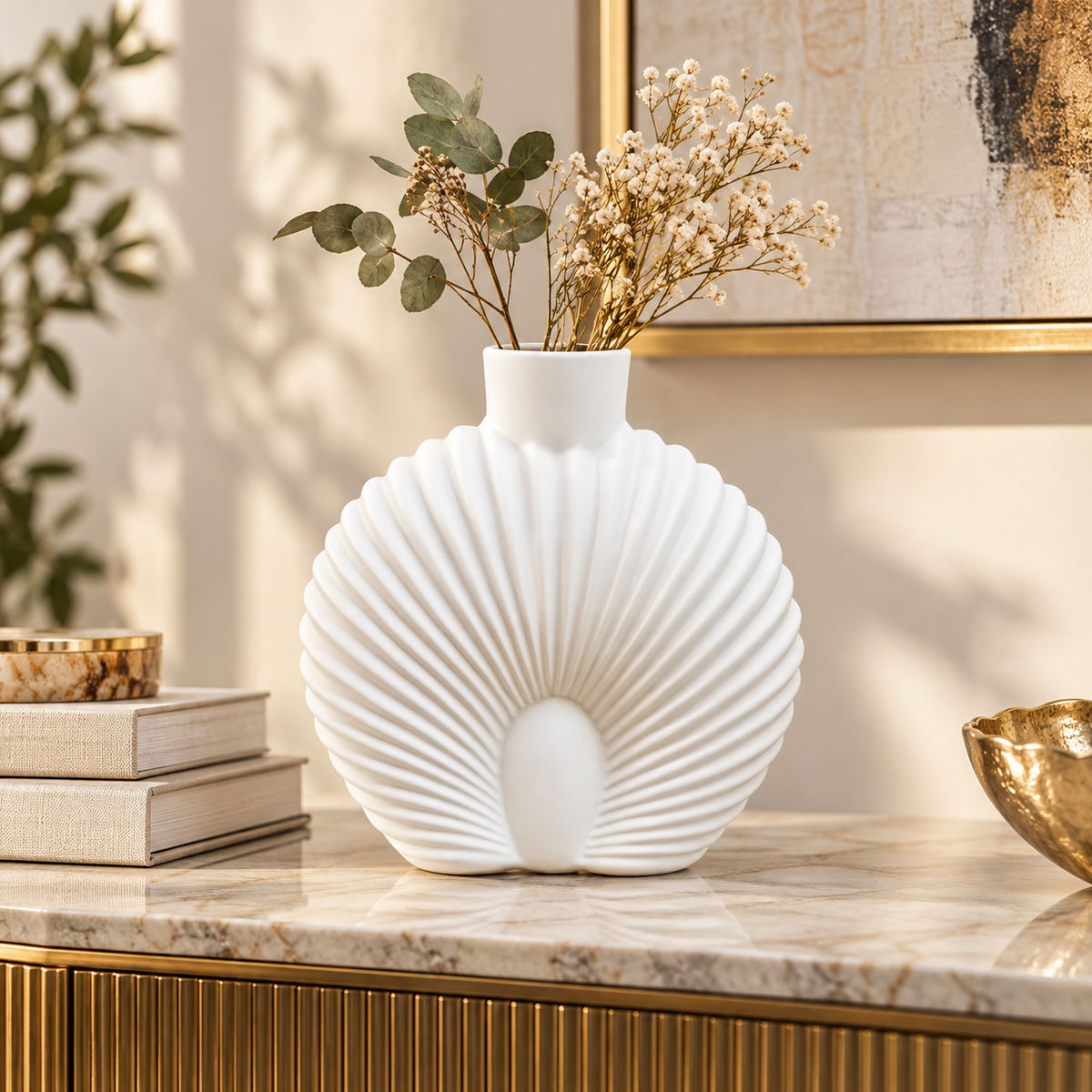 Modern White Ribbed Shell Ceramic Vase – 9 Inch lifestyle image