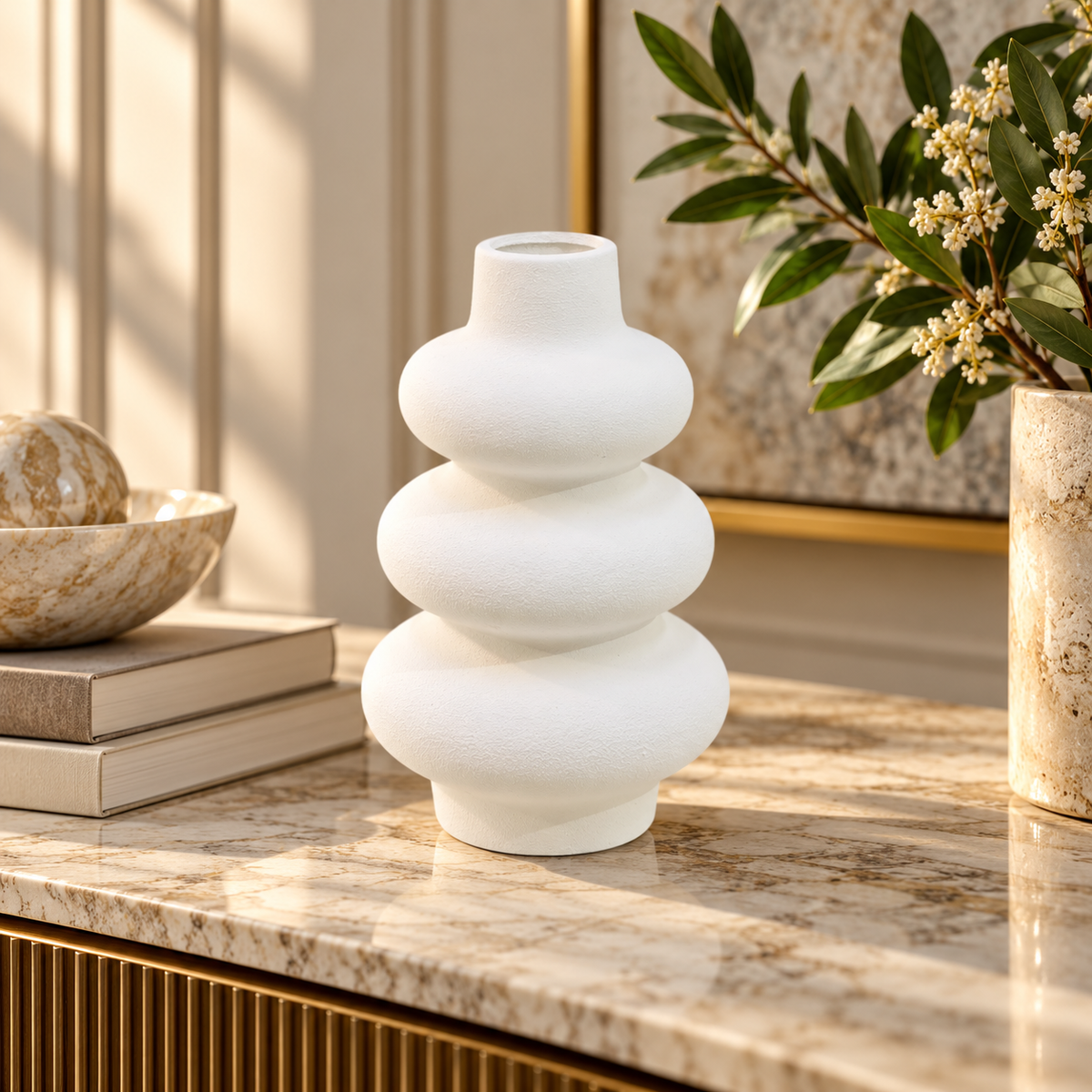 White Stacked-Ring Sculptural Ceramic Vase – 9 Inch styled in a modern interior